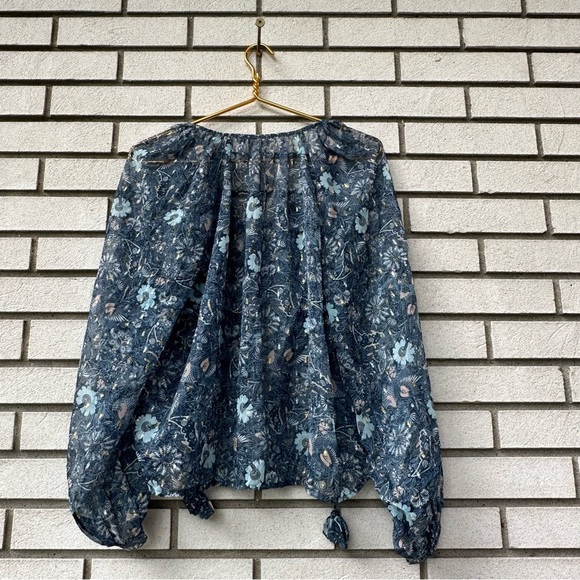 Anthropologie Let Me Be Blue Floral Sheer Chiffon Blouse M Puffed Sleeves Boho - Picture 10 of 14